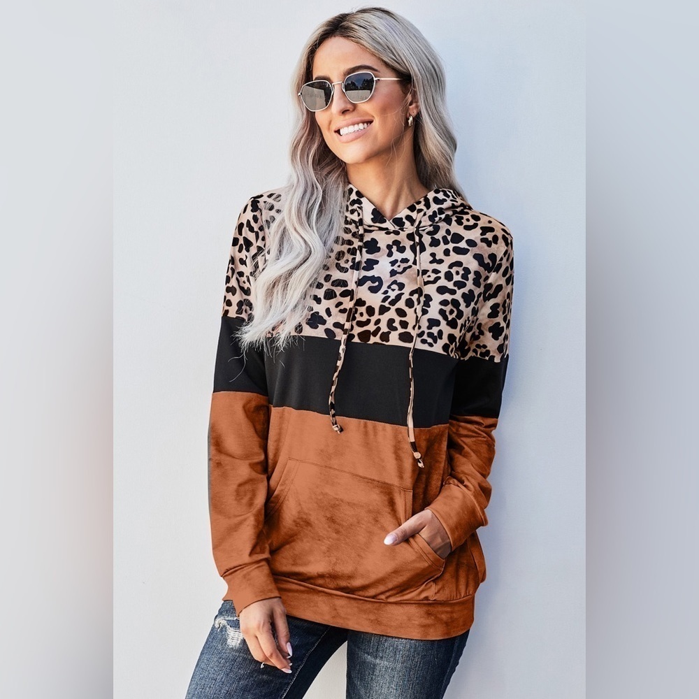 Leopard Print Hoodie - Contrast Color Block - Drawstring - Kangaroo Pockets
